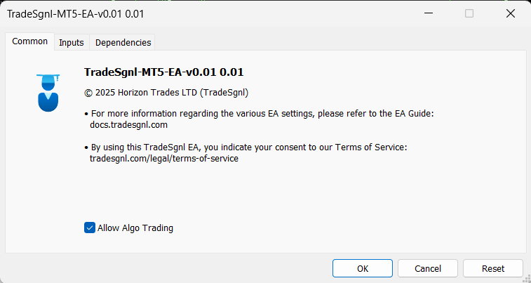 EA properties Common tab with Allow algorithmic trading checked