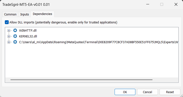 EA properties Dependencies tab with Allow DLL imports checked