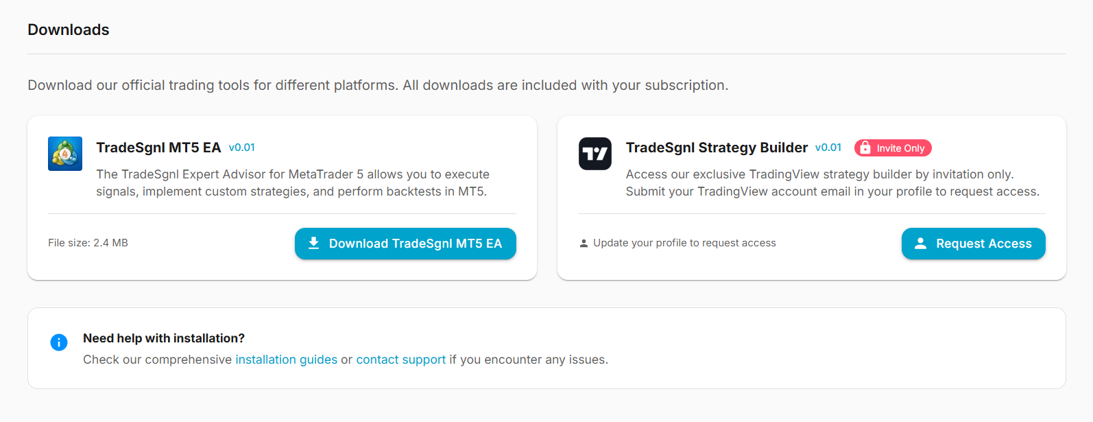TradeSgnl dashboard downloads page showing EA files