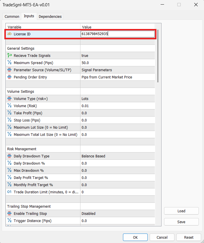 EA Inputs tab showing license code and other settings