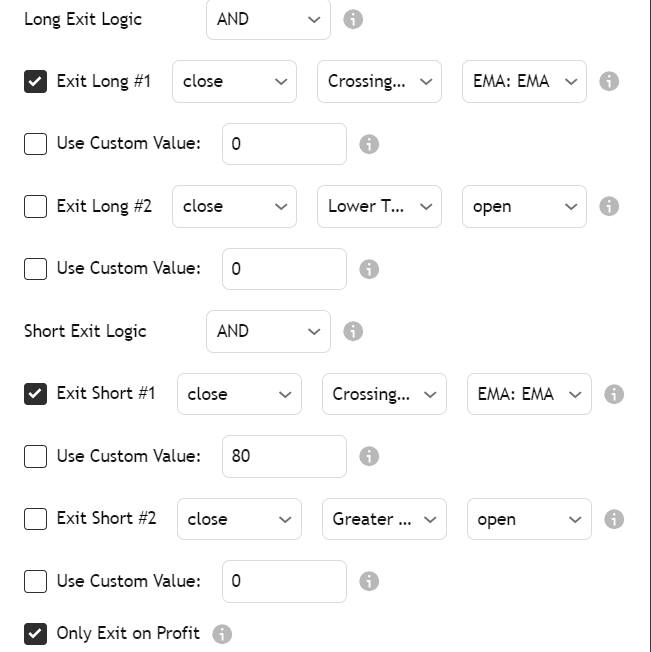 Example exit condition configuration in the Strategy Builder
