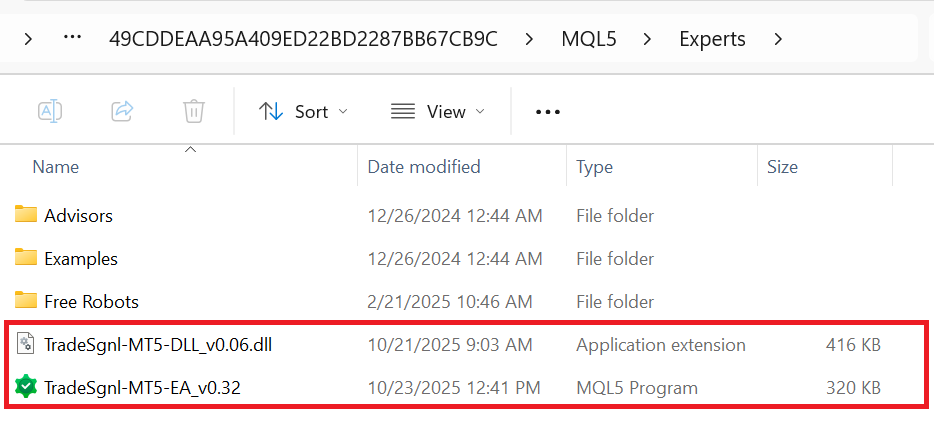 MQL5 folder structure showing Experts folder