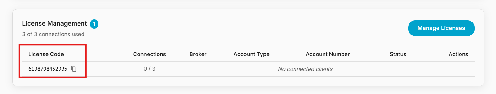Where to find your license code in TradeSgnl dashboard