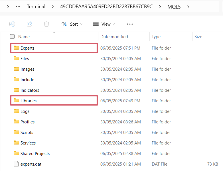 MetaTrader 5 data folder structure