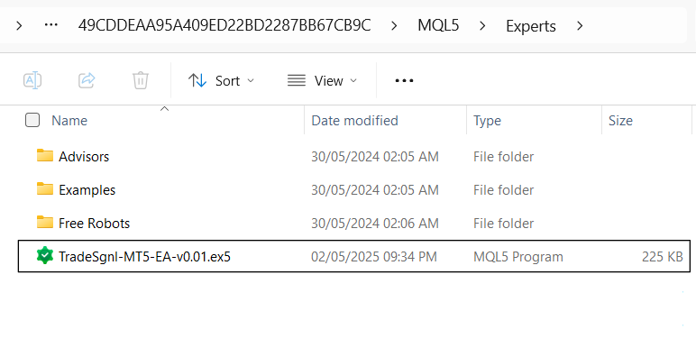 MQL5 folder structure showing Experts folder