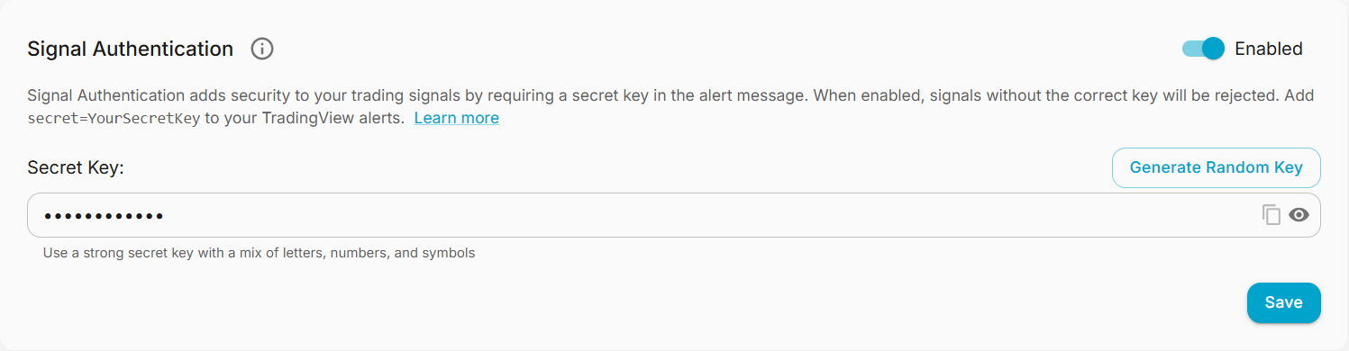 Signal Authentication setup interface showing enable toggle, secret key field, and save button