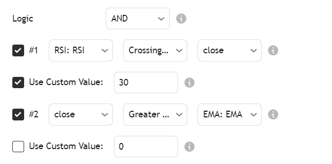 Example entry condition setup in TradingView Strategy Builder