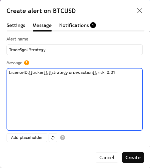 Alert message configuration in TradingView