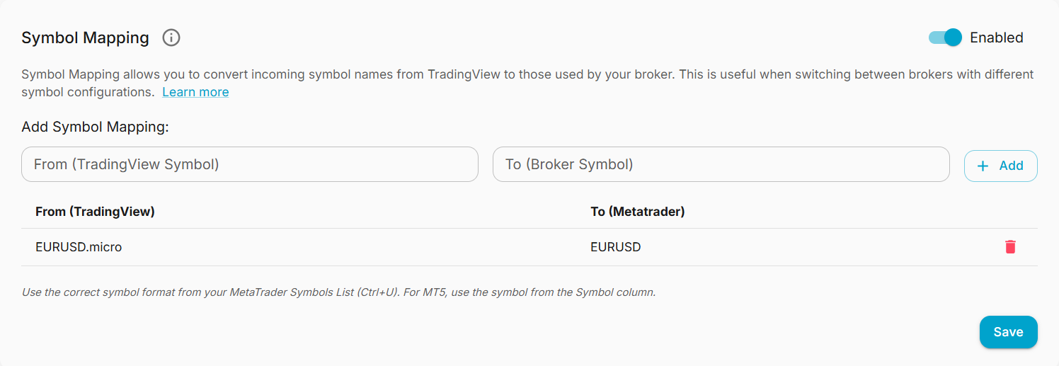 Symbol mapping interface in the signal modifier tab