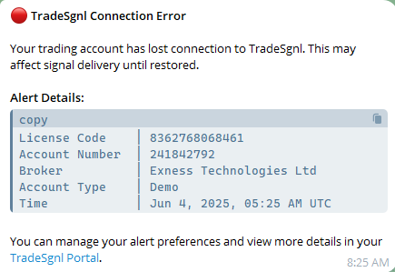 Examples of alert messages received in Telegram bot chat