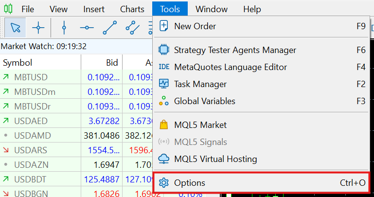 MT5 Tools menu with Options highlighted